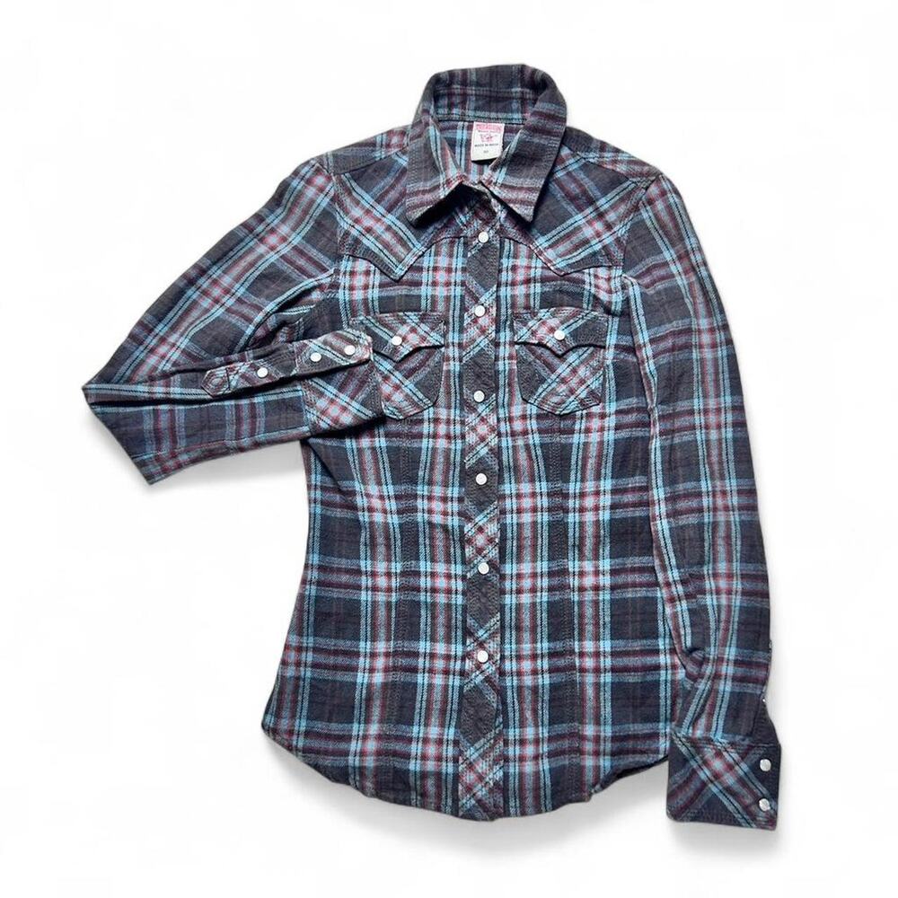 True Religion Y2k Vintage Pearl Snap Plaid Flannel Cotton Button Shirt XS